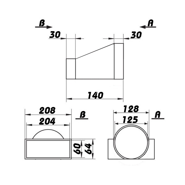 Skizze Übergangstück Flachkanal 206 x 60 mm auf Rundrohrsystem 125